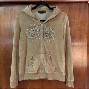 Tan BCBG Rhinestone Velour Zip Hoodie size XL